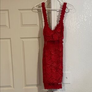 VENUS Red Lace Mini Dress with Scalloped Straps